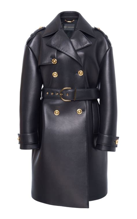 versace black trench coat|Versace black leather jacket.